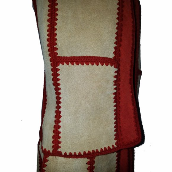 Vtg 70s Two Tone Suede Leather Patchwork Skirt Vest Set 5/6 - Picture 2 of 11